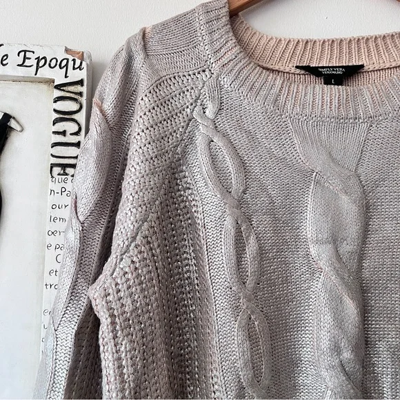 Simply Vera Vera Wang Metallic Silver Women's Cable Knit Pullover Tan Sweater L - Picture 3 of 10